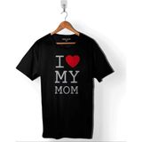 I Love My Mom Anneler Doğum Günü Hediye Erkek Tişört - Siyah - XL