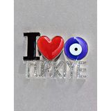 I Love Türkiye Metal Magnet – Işıltılı Taş Detaylı Özel Tasarım, Nazar Detaylı Dekoratif Buzdolabı Magneti 6X4 Cm Vitrin