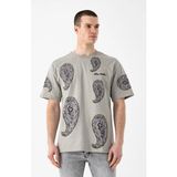 i8 Denim Şal Desen Baskılı T-Shirt - Taş Gri