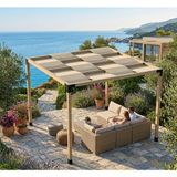 Iahşap Dört Direkli Dalgılı Brandalı Gölgelikli Dekoratif Bahçe Pergola - Kahverengi - 3x3.6 Metre