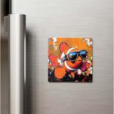 İberk Clownfish - Palyaço Balığı - Güneş Gözlüklü Style - Baskılı Buzdolap Magneti Kare - 9x9 Cm