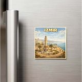 İberk İzmir Şehri - Pop-Art Travel - Baskılı Buzdolap Magneti Kare 9x9 cm
