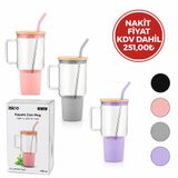 İbico İ22-349 Matara ve Suluk 1000ml Kılıf Bambu Kapak Çelik Pipet Sızdırmaz Silikonlu Cam
