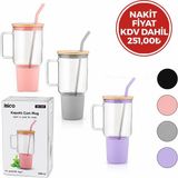 İbico Ibico İ22-349 Matara ve Suluk 1000ML Kılıf Bambu Kapak Çelik Pipet Sızdırmaz Silikonlu Cam