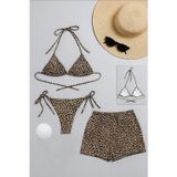İç Giysim Kadın 3'lü Set Leopar Desenli Şortlu ve Yandan Bağlamalı Bikini Mayo Takımı