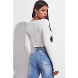 İç Giysim Kadın Beyaz Uzun Kollu Büzdürme Bağcık Detaylı Crop Top Bluz
