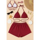 İç Giysim Kadın Bordo Şortlu Belden ve Boyundan Bağlamalı Bikini Takımı