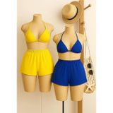 İç Giysim Kadın Sarı ve Mavi Şortlu Belden ve Boyundan Bağlamalı Bikini Takımı