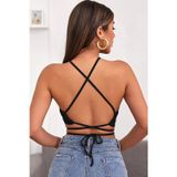 İç Giysim Kadın Siyah Sırtı Açık Boyundan Çapraz Bağlamalı Crop Top Bluz
