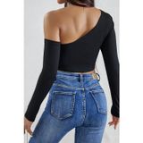 İç Giysim Kadın Siyah Tek Omuz Detaylı Uzun Kol Crop Top Bluz
