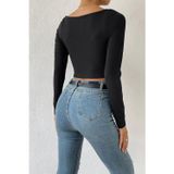 İç Giysim Kadın Siyah Uzun Kol Göğüs Dekolteli Şık Crop Top Bluz