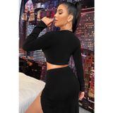 İç Giysim Kadın Siyah Uzun Kol Göğüs ve Göbek Dekolteli Fermuarlı Crop Top Bluz