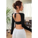 İç Giysim Kadın Siyah Uzun Kol Göğüs ve Sırt Dekolteli Crop Top Bluz