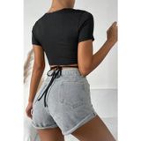 İç Giysim Kadın Siyah Yarım Kol Çapraz Bağlamalı Crop Top Bluz