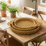 İç İçe Geçebilen 3 Lü Yuvarlak Plastik Rattan Tepsi Seti-Hasır Görünümlü Çok Amaçlı Servis Ve Sunum Tepsileri (5250)