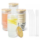 Icesip 4 Adet 12oz Bambu Kapaklı Bardak Seti Pipet Fırçası, Su Damlacık Desenli Züccaciye Suyu, Buzlu Kahve Bira ve Kokteyl Viski için Set