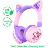 iClever BTH21 Kedi Kulaklı LED Işıklı Güvenli Ses Sınırlı 60 Saat Oynatma Süreli Bluetooth Çocuk Kulaklığı Mor BPA Free