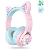 İclever Kedi Kulaklı Led Işıklı Güvenli Ses Sınırlı 50 Saat Oynatma Süreli Bluetooth Çocuk Kulaklığı Pembe