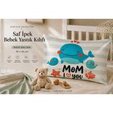 ICON SILK %100 Saf Ipek Bebek Yastık Kılıfı (Mavi Balina) - Mavi -Beyaz - 35 cm * 45 cm