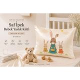 ICON SILK %100 Saf Ipek Bebek Yastık Kılıfı (Tavşan Ailesi) - Pudra - Ekru - 35 cm * 45 cm