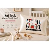 ICON SILK %100 Saf Ipek Çocuk Yastık Kılıfı (Mutlu Kedicik) - Ekru - Siyah - 50 cm * 70 cm
