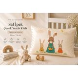 ICON SILK %100 Saf Ipek Çocuk Yastık Kılıfı (Tavşan Ailesi) - Pudra - Ekru - 50 cm * 70 cm