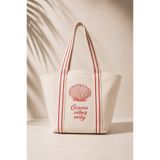 ICONE BAG Kanvas Plaj Çantası, Kırmızı Kolon Saplı Plaj Çantası, Ham Kanvas Çanta, Kırmızı Baskılı Plaj Çantası, Beach Bag