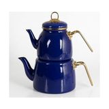 Içten Kaplamalı Emaye Çaydanlık Takımı - Gold Detaylı Nostaljik Alt Üst Çay Seti (1.2 Litre + 2 Litre) - 3 Renk Seçeneği (Mavi)