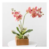 icVantA Yapay Çiçekler Orkide Saksı - Gerçekçi Sahte Phalaenopsis Çiçek Aranjmanı Ahşap Saksılı Zarif Simülasyon Orkide Bonsai, Ofis/Salon/Sundurma için,