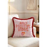 IdeCraft Only Positive Vibes Kalpli Çizgili Saçaklı Kırlent Kılıfı Bordo Püsküllü Retro Yastık Kılıfı
