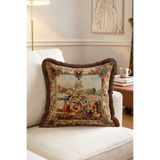 IdeCraft Pastoral Köy Sahnesi Goblen Saçaklı Kırlent Kılıfı Bordo Püsküllü Vintage Yastık Kılıfı