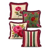IdeCraft Vintage Şakayık Çiçek Desenli Bordo Yeşil Çizgili 4'lü Saçaklı Kırlent Kılıfı Seti