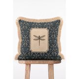 IdeCraft Vintage Yusufçuk Desenli Gece Mavisi Damask Zemin Saçaklı Kırlent Kılıfı