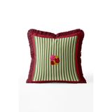 IdeCraft Yeşil Krem Çizgili Gül Buketi Saçaklı Kırlent Kılıfı - Bordo Püsküllü Vintage Yastık Kılıfı