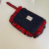 idiluna Kırmızı Ekose Fırfrlı, Denim ve Bilek Askılı Makyaj Çantası / Clutch - Kırmızı - Lacivert