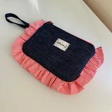 idiluna Kırmızı Fırfırlı, Kulplu Lacivert Denim Makyaj Çantası / Clutch - Kırmızı - Beyaz
