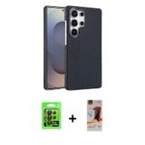 ieg™ Galaxy S23 Ultra Kılıf Doruk Serisi - Siyah AutoKit 5in1 Fiber Hayalet Cam Ekran Koruyucu + Siy