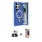 ieg™ Galaxy S23 Ultra Kılıf Eksen Çizgi - Siyah AutoKit 5in1 Fiber Hayalet Cam Ekran Koruyucu + Gold