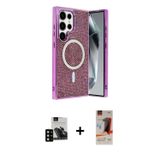 ieg™ Galaxy S23 Ultra Kılıf Eksen Çizgi - Siyah AutoKit 5in1 Fiber Hayalet Cam Ekran Koruyucu + Siya