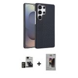 ieg™ Galaxy S24 Ultra Kılıf Doruk Serisi - Siyah Bilvis Hayalet Cam Ekran Koruyucu + Gold PVD Metal