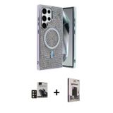 ieg™ Galaxy S24 Ultra Kılıf Eksen Çizgi - Siyah Bilvis Hayalet Cam Ekran Koruyucu + Gold PVD Metal K