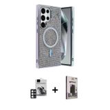 ieg™ Galaxy S24 Ultra Kılıf Eksen Çizgi - Siyah Bilvis Hayalet Cam Ekran Koruyucu + Pembe PVD Metal