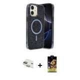 ieg™ iPhone 11 Kılıf Eksen Çizgi - Siyah Buffer Cam Ekran Koruyucu + Gold Pers Alüminyum Kamera Lens