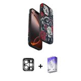 ieg™ iPhone 15 Pro Max Kılıf Siluet Doku - Siyah Bilvis 5in1 3D Magic Cam Ekran Koruyucu + Gümüş PVD