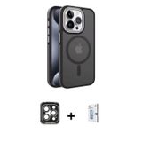ieg™ iPhone 15 Pro Max Kılıf Yörünge Klasik - Siyah Bilvis 0.18mm Plus Cam Ekran Koruyucu + Gri PVD
