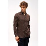 İGS Erkek Kahve Dynamic Fit Keten Gömlek – Uzun Kollu %100 Keten - 2XL - Kahverengi