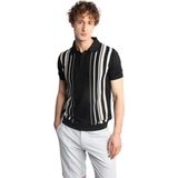 İGS Erkek Siyah Slim Fit Dar Kalıp Düğmeli Polo Yaka Desenli Kısa Kollu Triko Tişört - 2XL