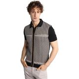 İGS Erkek Siyah Slim Fit Dar Kalıp Düğmeli Polo Yaka Desenli Kısa Kollu Triko Tişört - 3XL