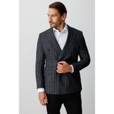 İGS Erkek Siyah Slim Fit Kruvaze Ceket – Geniş Kırlangıç Yaka Desenli - 52