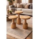 Ihlamur (Basswood) Ağacından İşlenmiş 3’lü Vernikli Yan Sehpa Seti – Doğal Ahşap Modern Aksesuar Sehpa